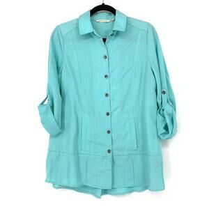 Soft Surroundings Shirt Women's Sz PS Blue Button Up Collared Pockets Tab Sleeve
